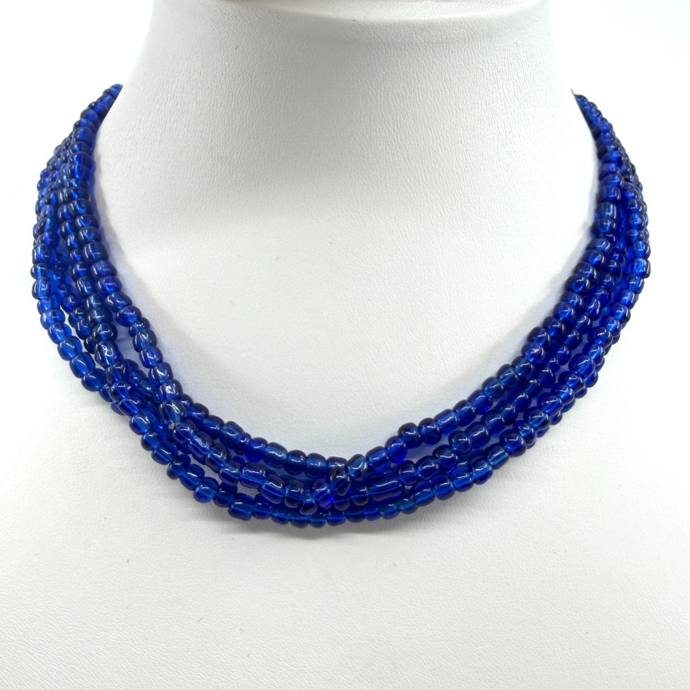 Deep Blue Multi-Strand Seed Bead Statement Necklace Boho Choker Gift